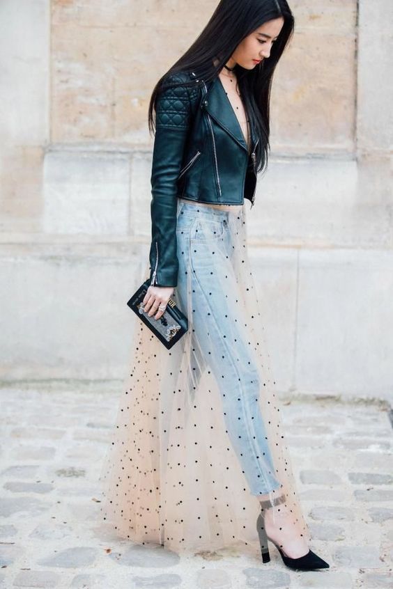 a crop top, blue jeans, a sheer polka dot skirt, blakc shoes, a cropped jacket and a cluch