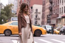 a muted color look with a top, a slip midi, tan shoes, a brown suede jacket and a brown bag