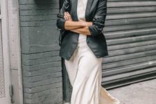 a white tee, a neutral slip skirt, red strappy shoes and a black blazer to wear to work