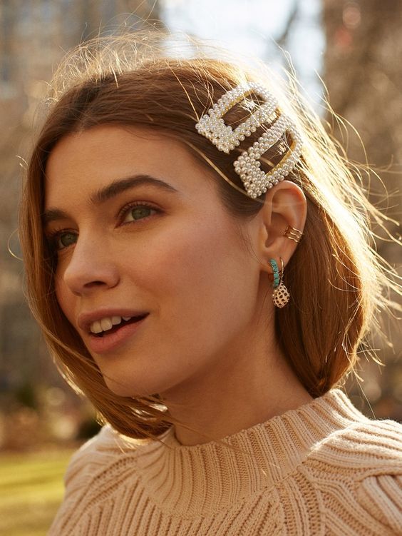 rectangle pearl barrettes and a variety of ear cuffs are what will make your look ultimate