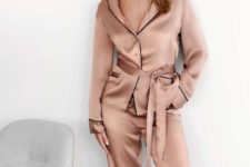 02 a dusty pink silk pajama with black edges is a stylish and very cool idea to wear at home, looks like a suit