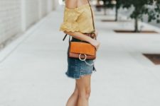 With brown bag, denim mini skirt and brown heeled sandals