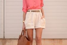 With button down shirt, brown leather tote bag and brown lace up sandals