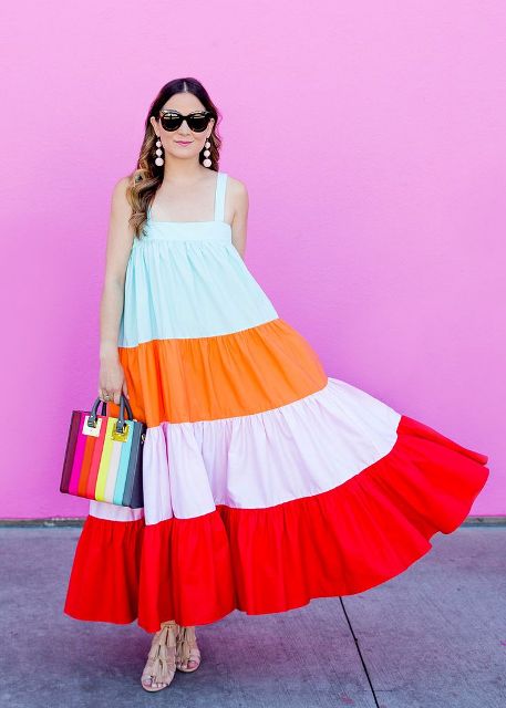With colorful bag, beige tassel shoes and sunglasses