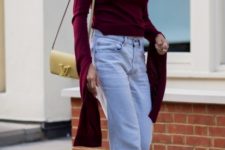 With marsala long sleeved shirt, yellow bag and loose jeans