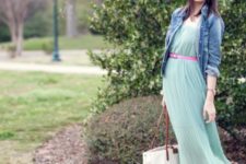 With mint green pleated dress, denim jacket and tote bag