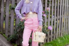 With pink trousers, light yellow bag and ankle strap shoes