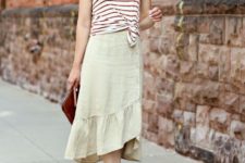 With striped top, clutch and ankle strap high heels