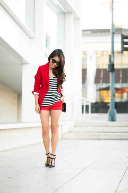 With white and black striped shirt, red shorts, red blazer and black bag