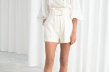 With white lace blouse and beige platform sandals