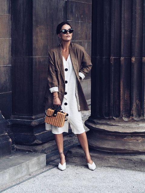 With white midi dress, straw bag and white mules