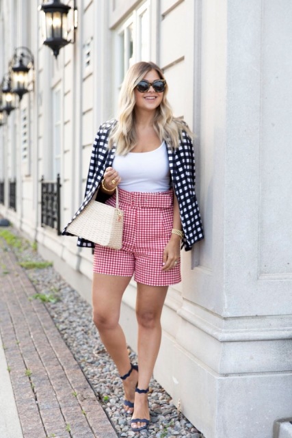 With white top, checked blazer, beige bag and navy blue high heels
