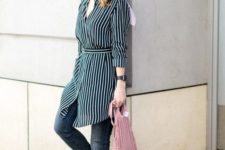 a cozy spring look with a shirtdress and sneakers