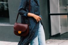 a black striped midi shirtdress, blue cropped jeans, black shoes and a burgundy bag for every day
