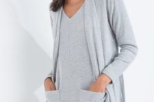 a casual grey mini dress with pockets and a matchign cardigan are a great combo to rock right now