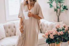 a neutral and very comfortable oversized midi plain dress with short sleeves is perfect for home