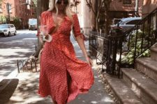 a vintage-inspired bright red midi dress with short sleeves, white sneakers and sunglasses for every day