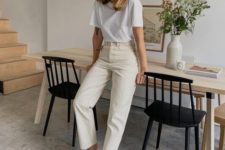 a white tee, neutral high waisted jeans, black mules and a black headband for a simple and chic look