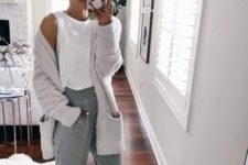 a white top, grey sport pants, a comfy dove grey cardigan to wear at home during quarantine