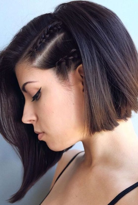 an angled bob with two small braids on the side to accentuate it is a very fun and cool idea