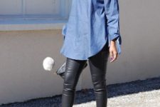 With black leather pants, clutch and blue cutout ankle boots