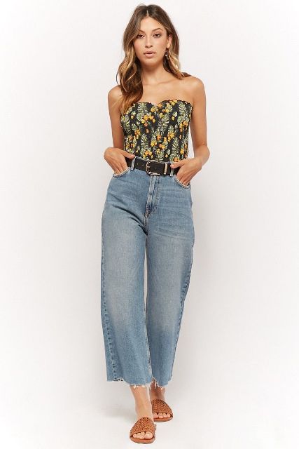 With cropped jeans, black belt and brown flat sandals