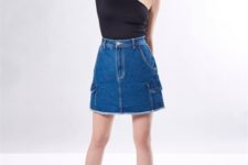 With denim skirt and brown platform shoes