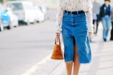 With floral blouse, brown suede bag and white sandals