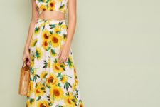 With floral high-waisted midi skirt, straw bag and white high heels