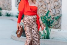 With leopard printed midi skirt, bag and beige high heels