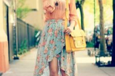 With pale pink blouse, yellow bag and red platform sandals