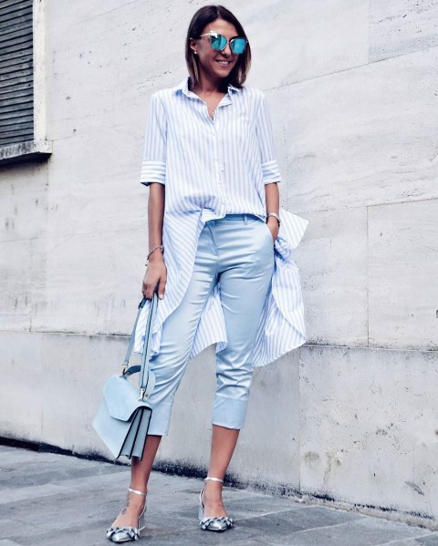 With striped button down long shirt, light blue crop pants and ankle strap shoes