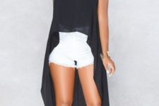 With white distressed shorts and red sandals