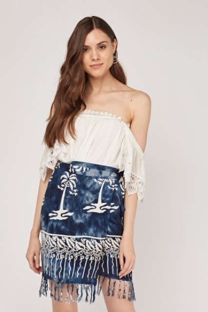 With white lace off the shoulder top
