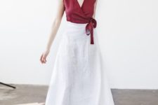With white linen A-line midi skirt and black sandals