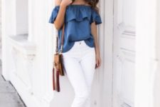 With white pants, tassel bag and blue high heels