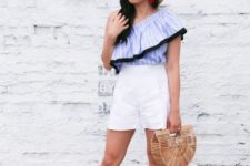 With white shorts, straw hat, straw bag and beige sandals