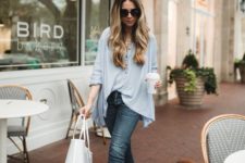 a blue chambray shirt, cropped jeans, tan heeled mules, a white tote for a chic spring look