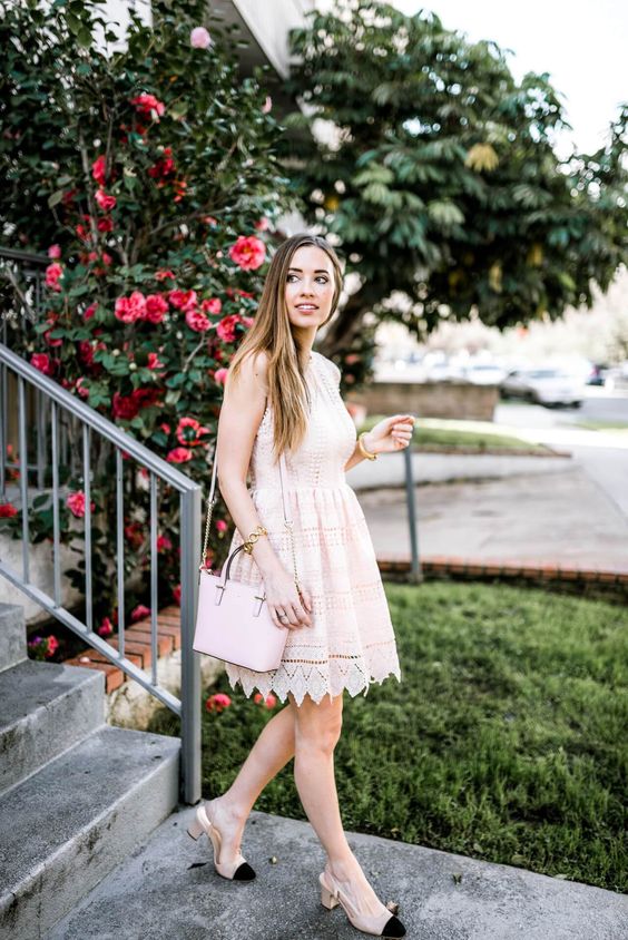 a blush lace knee sleeveless dress, a light pink bag and two tone slingbacks for a special occasion