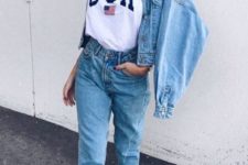 a casual look with a white tee, blue boyfriends, a blue cropped denim jacket and white trainers
