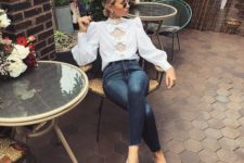 a chic outfit with a white bow puff sleeve blouse, skinnies, white pointed toe shoes