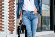 a cool summer outfit with a white shirt, blue jeans, a blue denim jacket, two tone slingbacks and a quirky bag