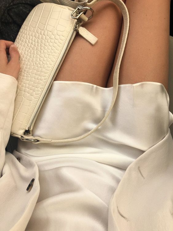 a creamy look with a white slip dress, a neutral blazer and a white croco embossed baguette bag for summer