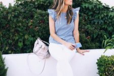 a cute outfit with white jeans, a plaid ruffle cap sleeve top, white flats and a neutral bag