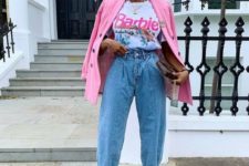 a glam look with a colorful printed tee, blue baggy jeans, shiny pink shoes and a hot pink blazer