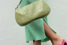 a light green reptile skin baguette bag and pink square toe heels will make your look super trendy
