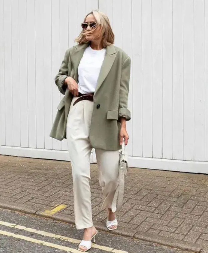 a chic work outfit with a white t-shirt