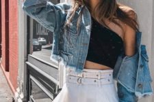 a trendy outfit with a black one-shoulder crop top, white high waisted pants, a blue cropped jacket