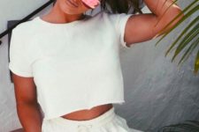 a white crop top, white shorts with pockets are a very comfy and sexy combo for wearing at home
