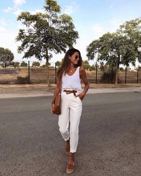 a white tank top, neutral pants, platform suede shoes and a brown bag for summer
